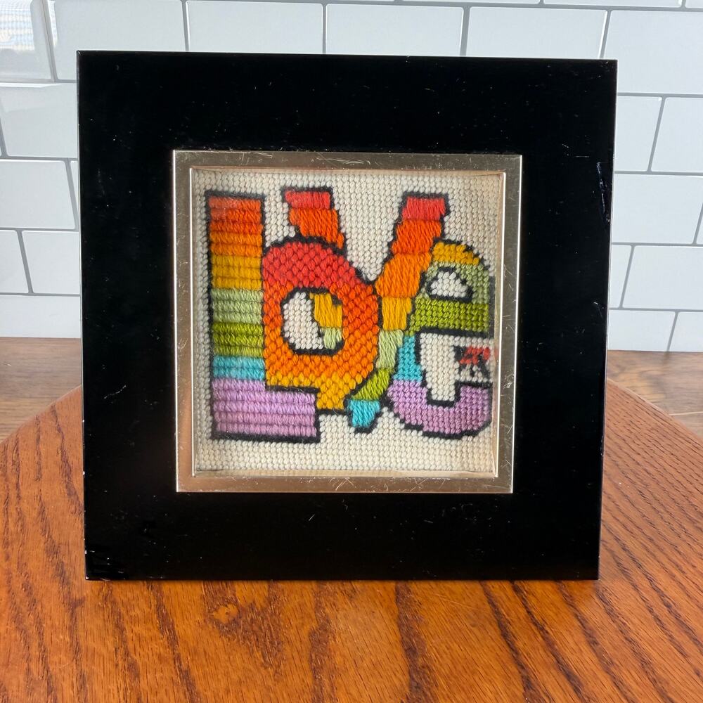 Handmade Rainbow LOVE Cross Stitch Framed Art